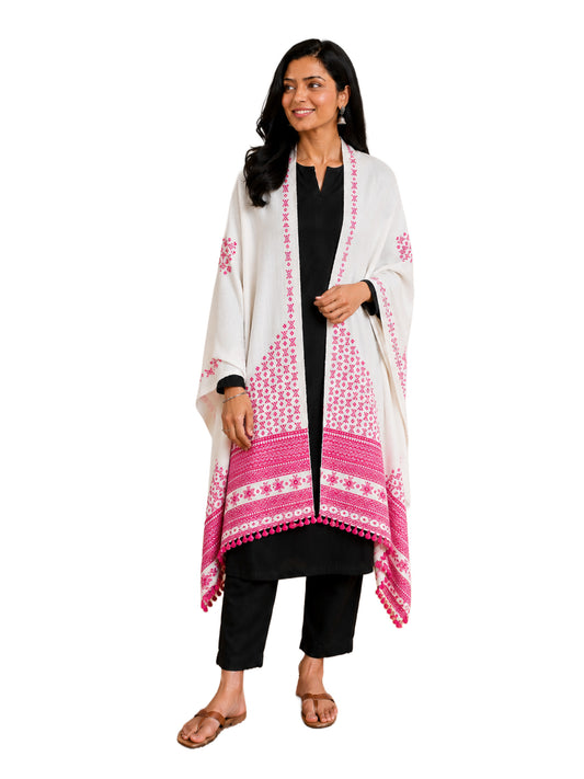 Mirror Work Wool Hand Embroidered Shawl with Tassels - 2.1 Mtr Length    -  SKU : BM20B02D