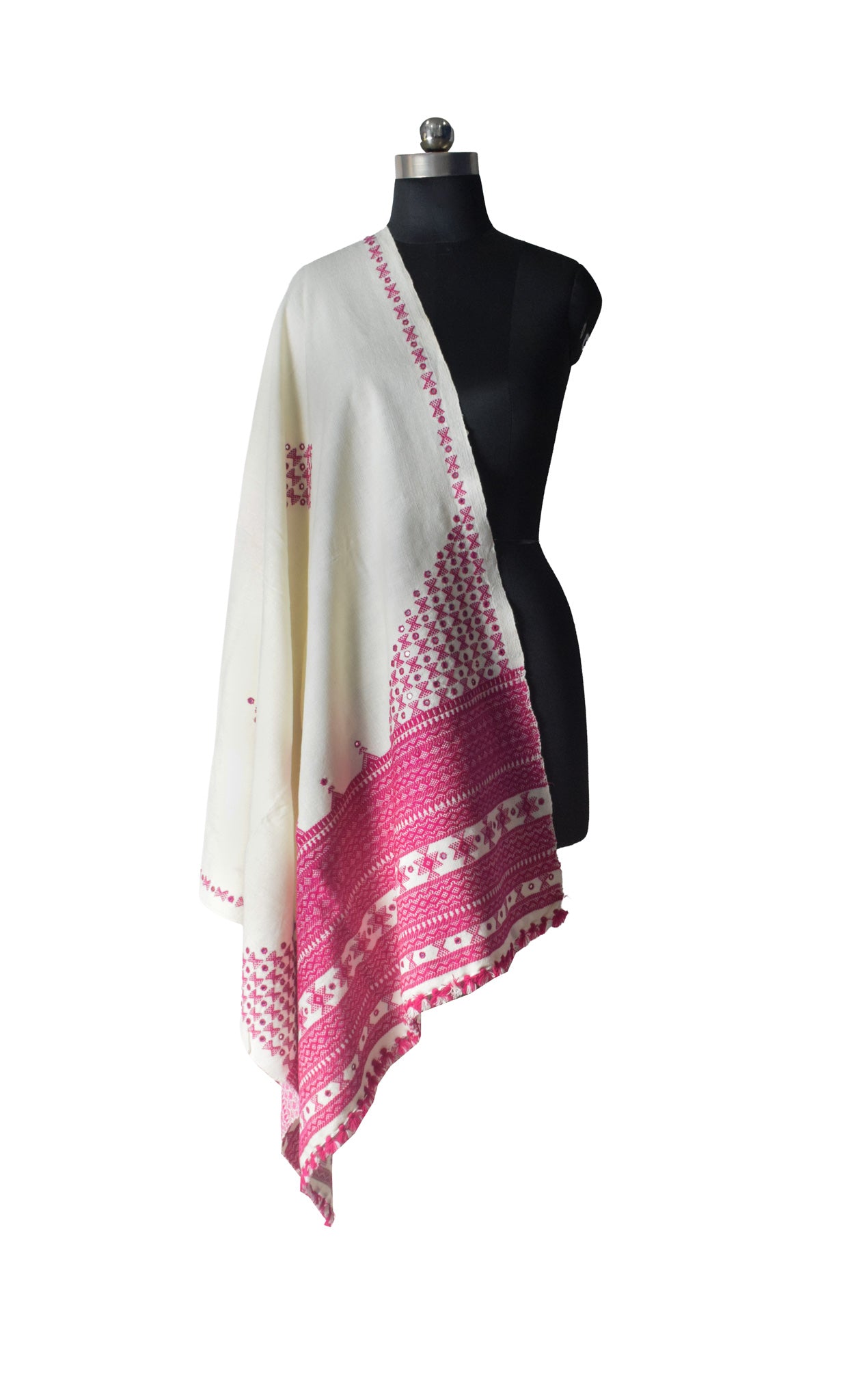 Mirror Work Wool Hand Embroidered Shawl with Tassels - 2.1 Mtr Length    -  SKU : BM20B02D