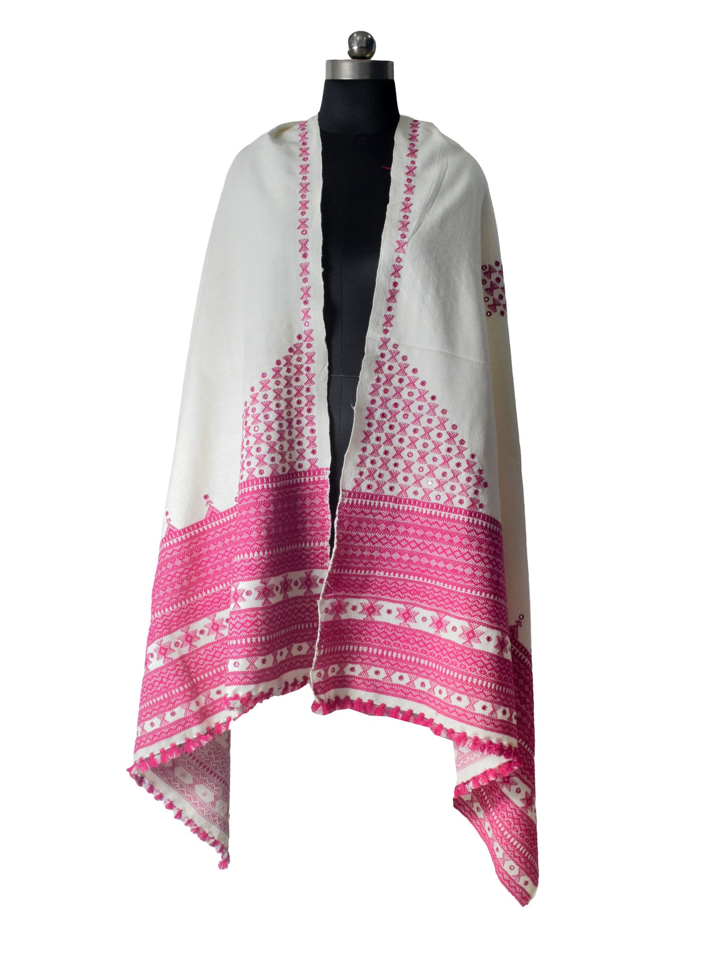 Mirror Work Wool Hand Embroidered Shawl with Tassels - 2.1 Mtr Length    -  SKU : BM20B02D