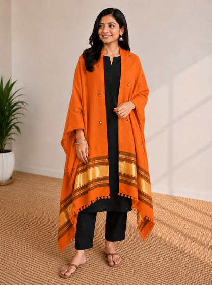 Mirror Work Wool Lagdi Patto with Tassels Shawl  - 2.1 Mtr Length   -  SKU : RD05601D