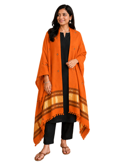 Mirror Work Wool Lagdi Patto with Tassels Shawl  - 2.1 Mtr Length   -  SKU : RD05601D