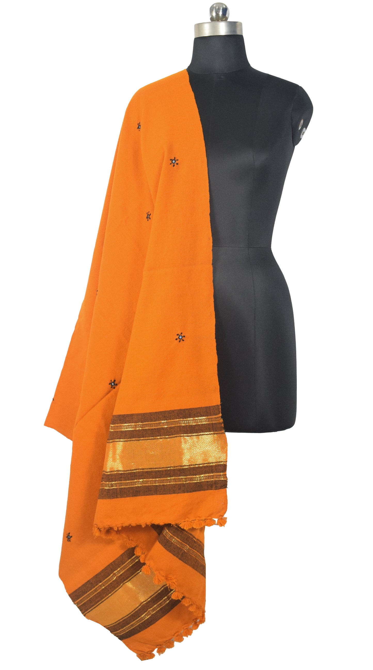 Mirror Work Wool Lagdi Patto with Tassels Shawl  - 2.1 Mtr Length   -  SKU : RD05601D