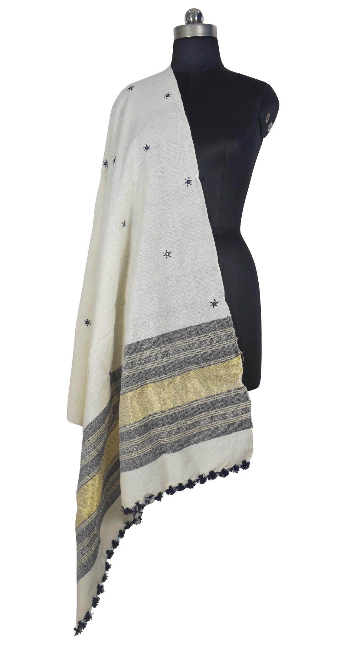 Mirror Work Wool Lagdi Patto with Tassels Shawl  - 2.1 Mtr Length   -  SKU : DB02802D