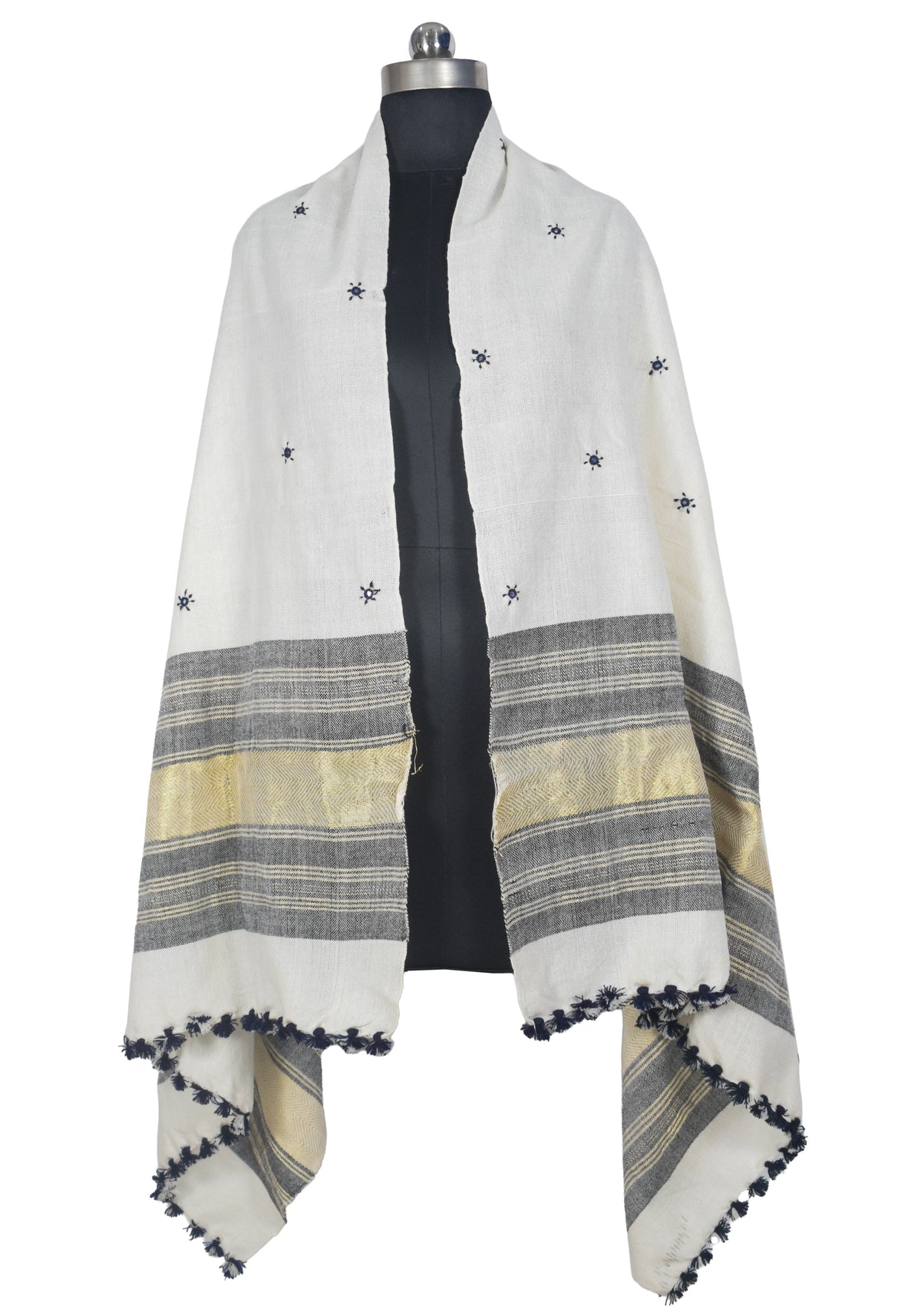 Mirror Work Wool Lagdi Patto with Tassels Shawl  - 2.1 Mtr Length   -  SKU : DB02802D