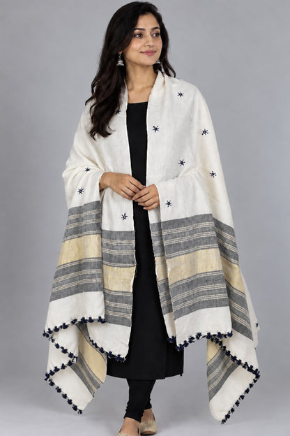 Mirror Work Wool Lagdi Patto with Tassels Shawl  - 2.1 Mtr Length   -  SKU : DB02802D