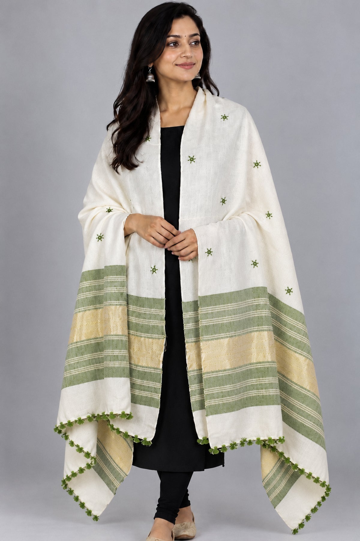 Mirror Work Wool Lagdi Patto with Tassels Shawl  - 2.1 Mtr Length   -  SKU : DB02802B