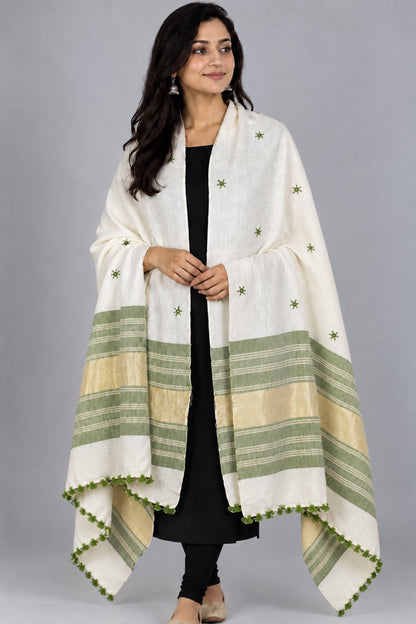 Mirror Work Wool Lagdi Patto with Tassels Shawl  - 2.1 Mtr Length   -  SKU : DB02802B