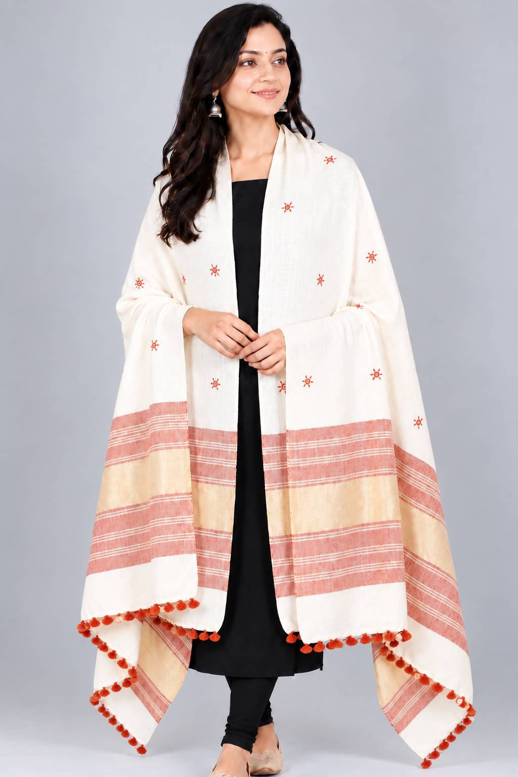 Mirror Work Wool Lagdi Patto with Tassels Shawl  - 2.1 Mtr Length   -  SKU : DB02802C