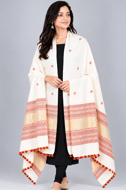 Mirror Work Wool Lagdi Patto with Tassels Shawl  - 2.1 Mtr Length   -  SKU : DB02802C