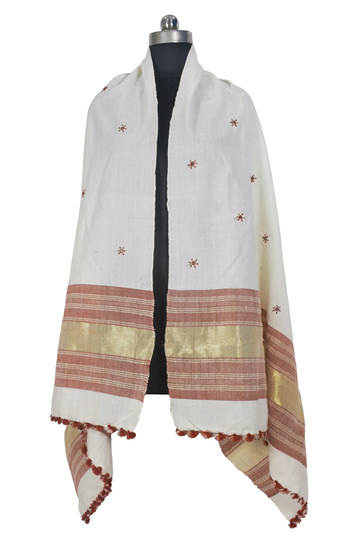 Mirror Work Wool Lagdi Patto with Tassels Shawl  - 2.1 Mtr Length   -  SKU : DB02802C