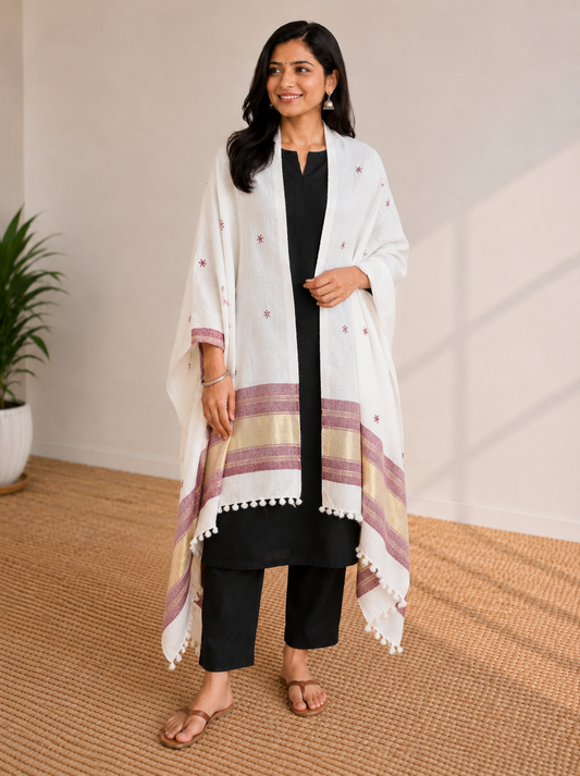 Mirror Work Wool Lagdi Patto with Tassels Shawl  - 2.1 Mtr Length   -  SKU : RD05601B