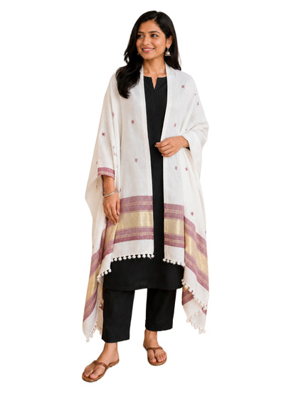 Mirror Work Wool Lagdi Patto with Tassels Shawl  - 2.1 Mtr Length   -  SKU : RD05601B