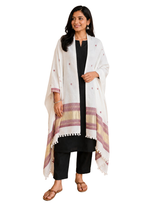 Mirror Work Wool Lagdi Patto with Tassels Shawl  - 2.1 Mtr Length   -  SKU : RD05601B