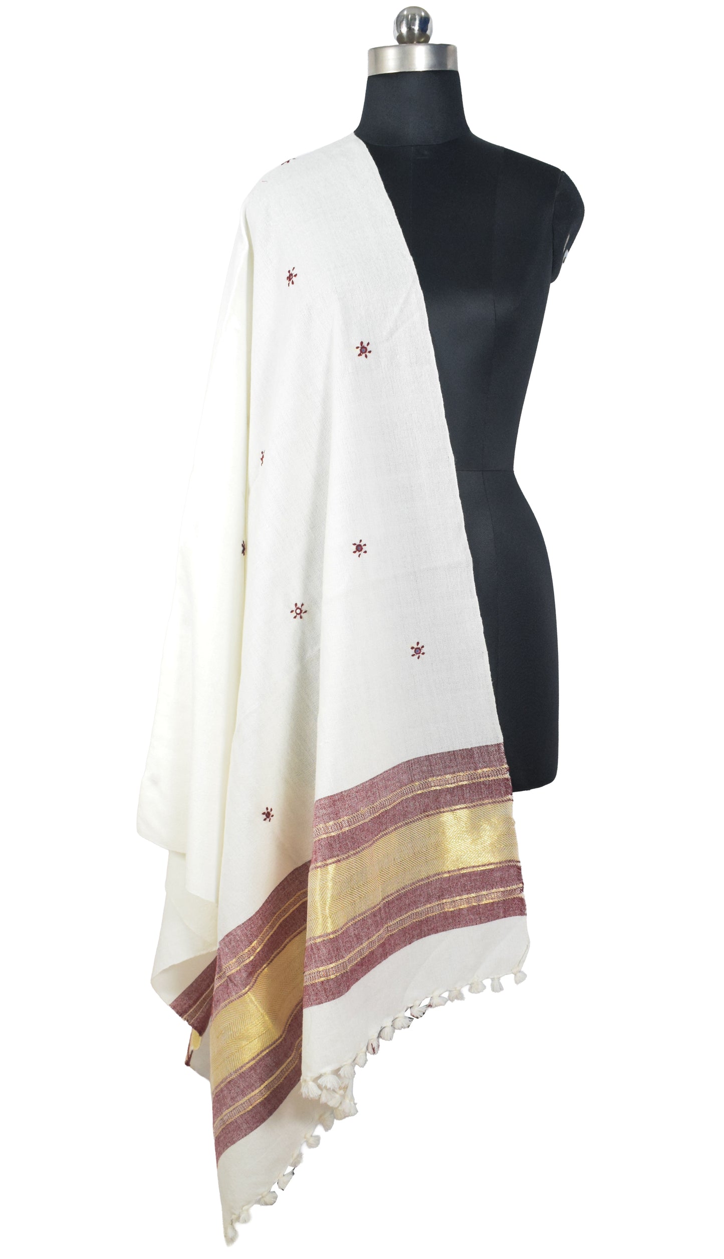 Mirror Work Wool Lagdi Patto with Tassels Shawl  - 2.1 Mtr Length   -  SKU : RD05601B