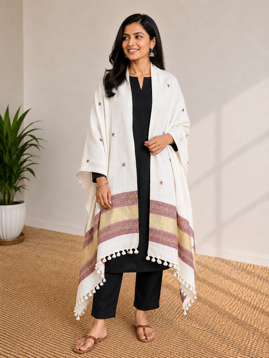 Mirror Work Wool Lagdi Patto with Tassels Shawl  - 2.1 Mtr Length    -  SKU : RD11C01A