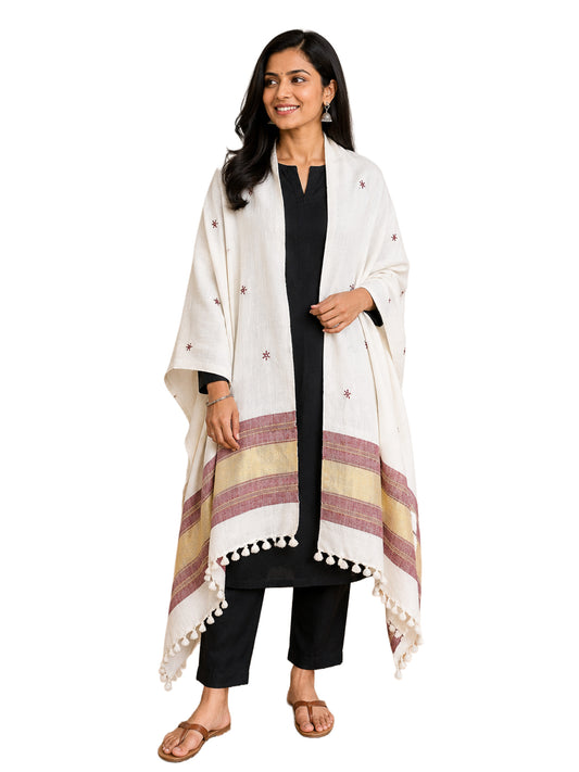 Mirror Work Wool Lagdi Patto with Tassels Shawl  - 2.1 Mtr Length    -  SKU : RD11C01A