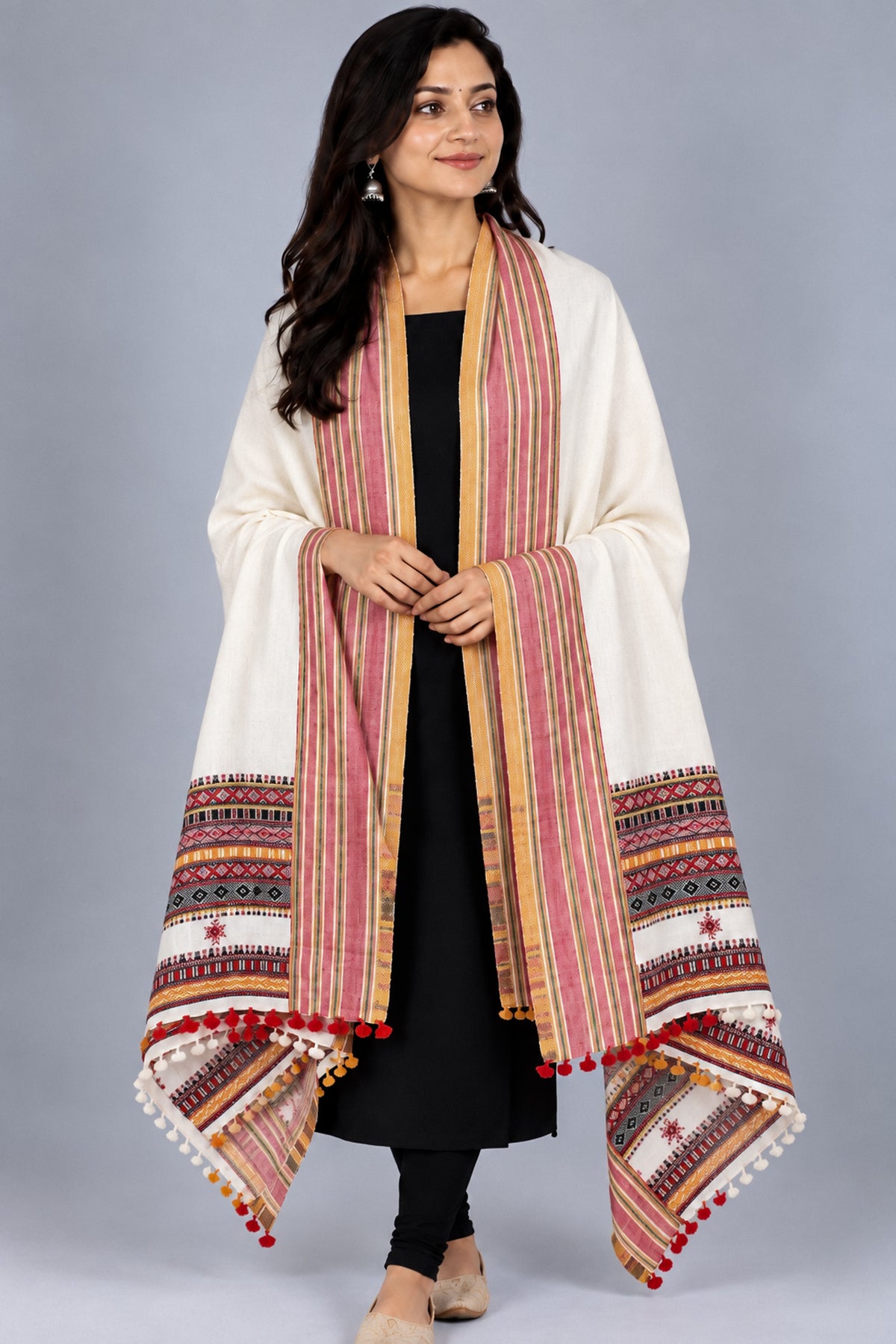 Machine Embroidery Wool Hand Woven Shawl  - 2.35 Mtr Length   -  SKU : RD01801A
