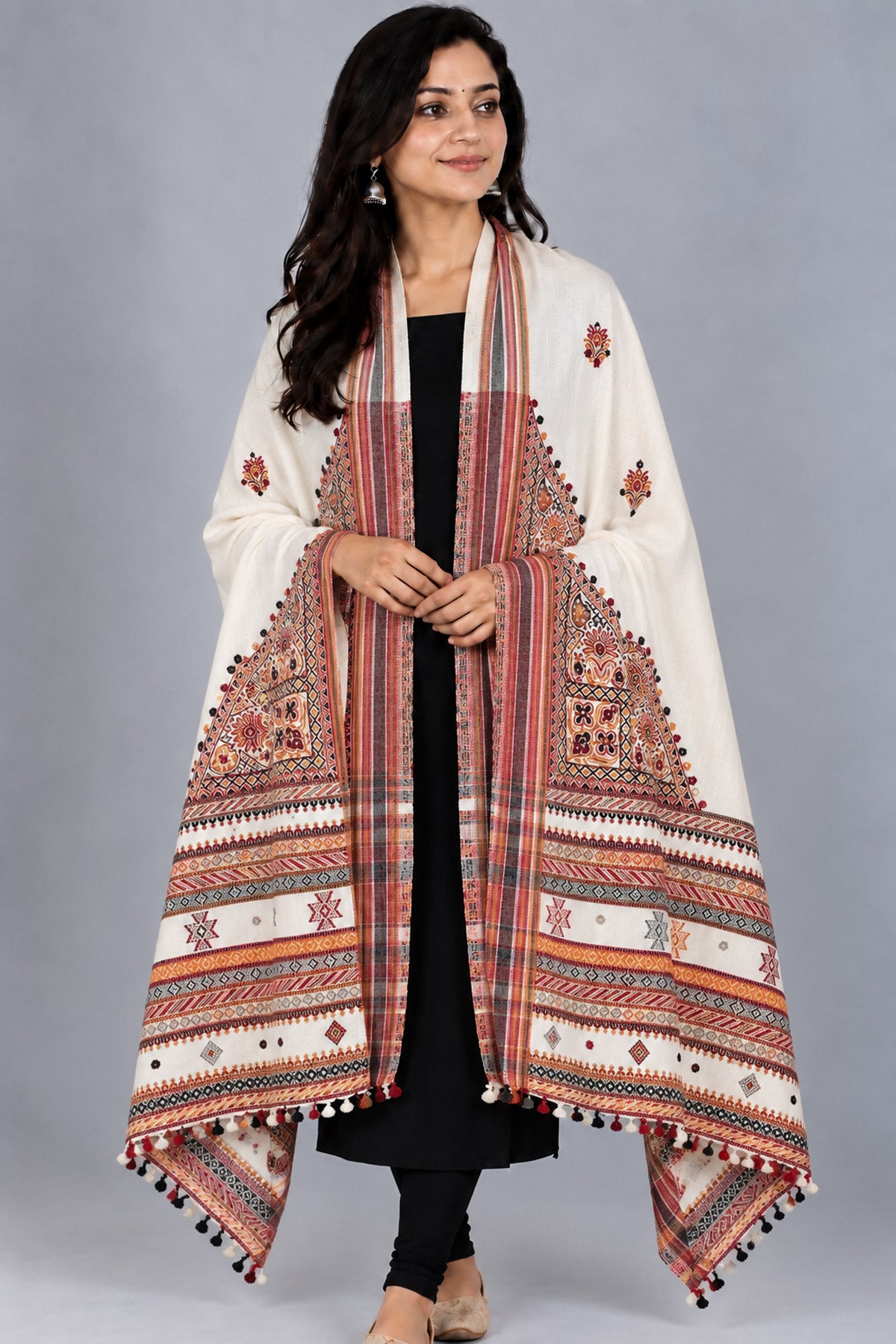 Machine Embroidery Wool Hand Woven Shawl  - 2 Mtr Length   -  SKU : RD01802A