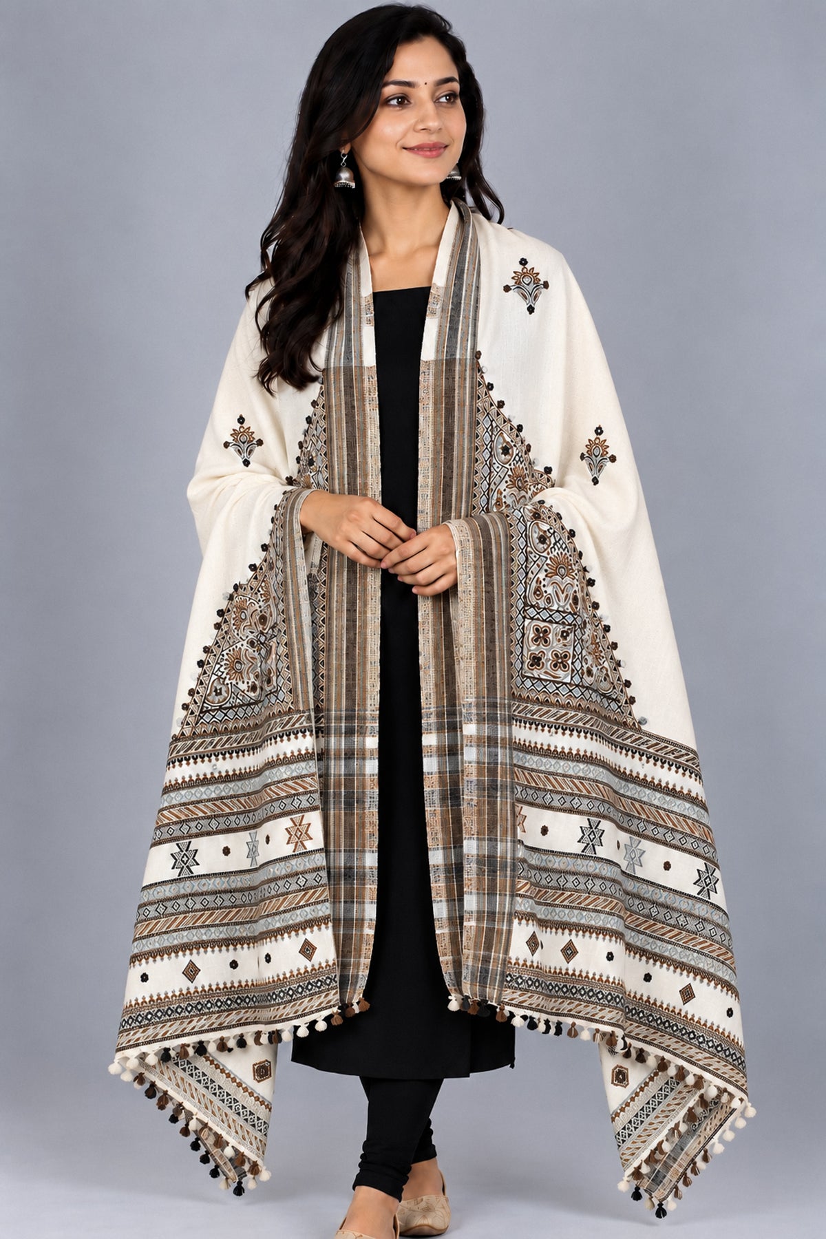 Machine Embroidery Wool Hand Woven Shawl  - 2 Mtr Length   -  SKU : RD01802B