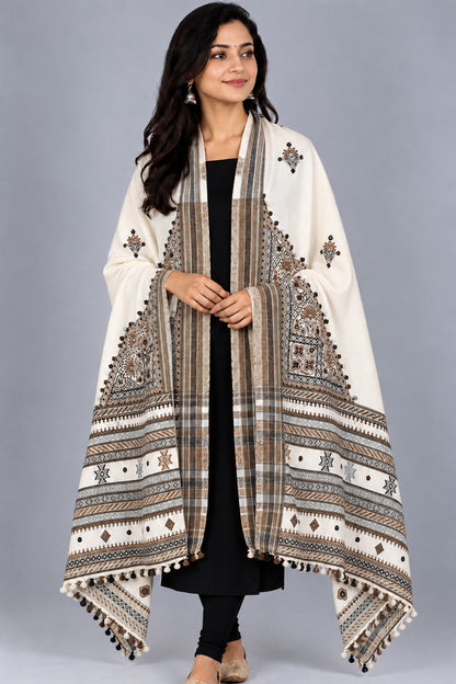 Machine Embroidery Wool Hand Woven Shawl  - 2 Mtr Length   -  SKU : RD01802B