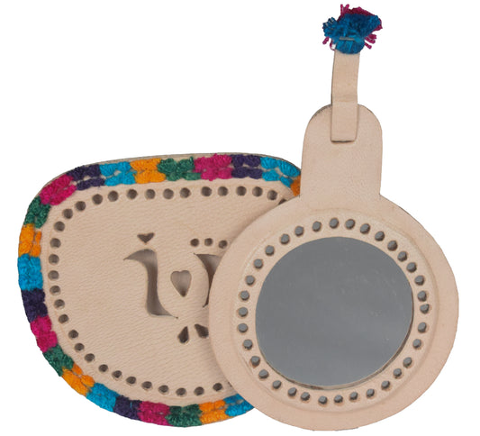 Leather Craft Punch Work Pure Leather Drop Shape Pure Leather Art Vanity Mirror  - 14 cms Length    -  SKU : 0001-BGMC