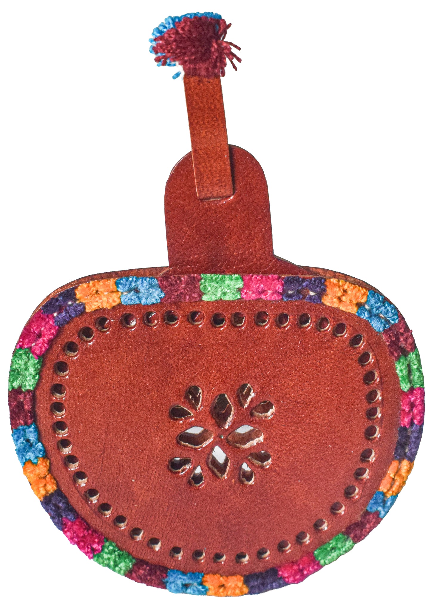 Leather Craft Punch Work Pure Leather Drop Shape Pure Leather Art Vanity Mirror  - 14 cms Length    -  SKU : 0001-BRMC