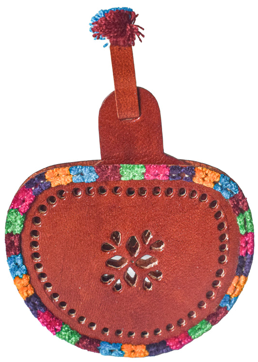 Leather Craft Punch Work Pure Leather Drop Shape Pure Leather Art Vanity Mirror  - 14 cms Length    -  SKU : 0001-BRMC