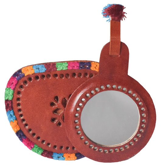 Leather Craft Punch Work Pure Leather Drop Shape Pure Leather Art Vanity Mirror  - 14 cms Length    -  SKU : 0001-BRMC
