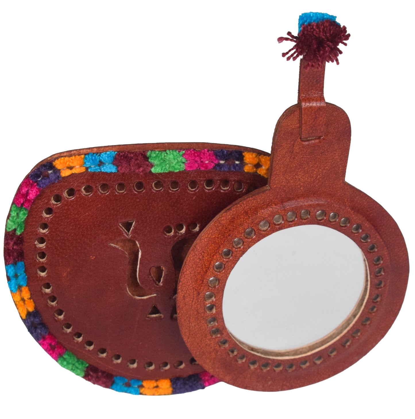 Leather Craft Punch Work Pure Leather Drop Shape Pure Leather Art Vanity Mirror  - 14 cms Length    -  SKU : 0001-BRMC