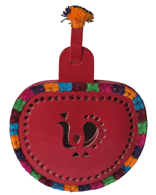 Leather Craft Punch Work Pure Leather Drop Shape Pure Leather Art Vanity Mirror  - 14 cms Length    -  SKU : 0001-MRMC