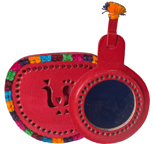 Leather Craft Punch Work Pure Leather Drop Shape Pure Leather Art Vanity Mirror  - 14 cms Length    -  SKU : 0001-MRMC