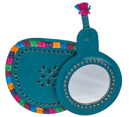 Leather Craft Punch Work Pure Leather Drop Shape Pure Leather Art Vanity Mirror  - 14 cms Length    -  SKU : 0001-SGMC