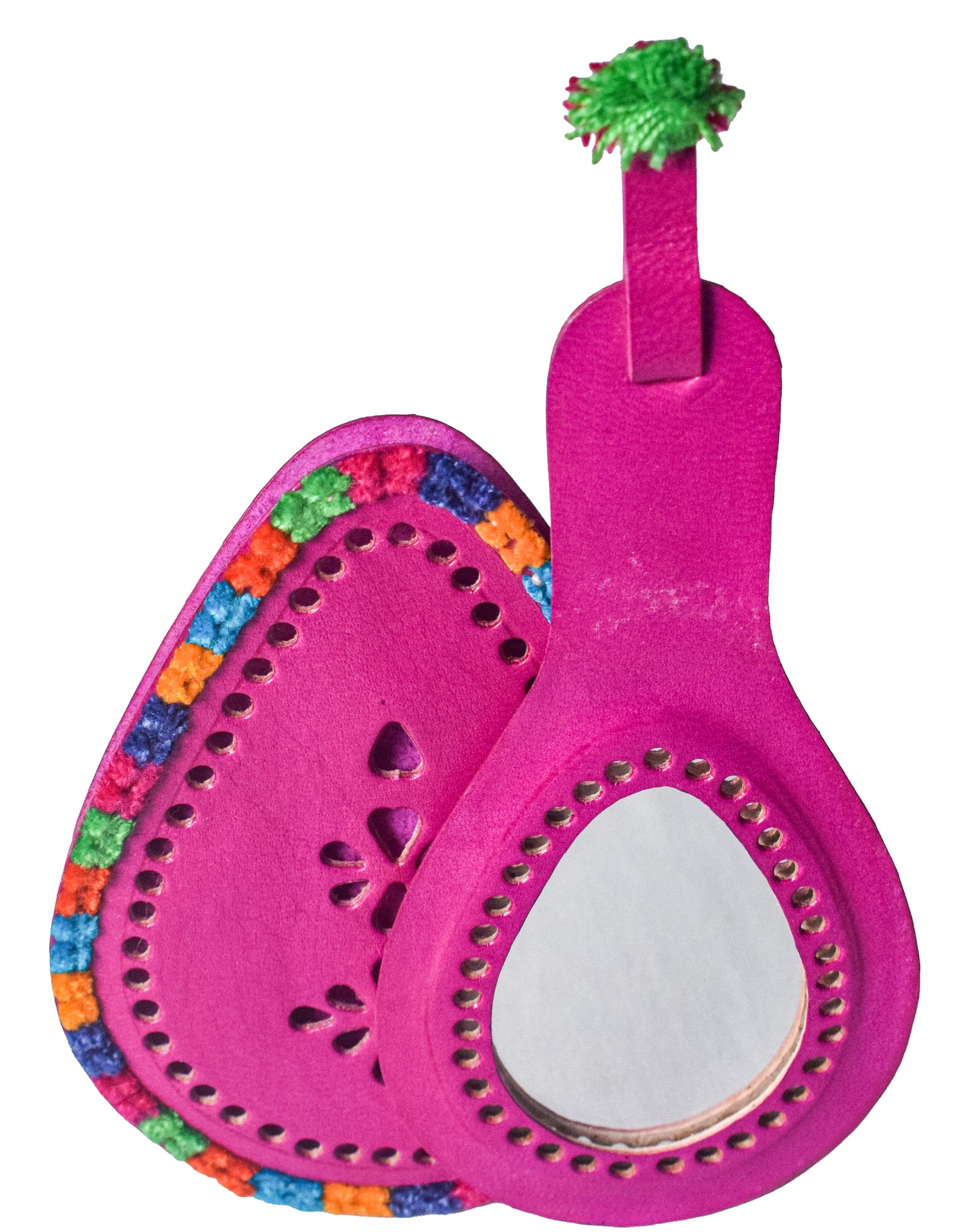 Leather Craft Punch Work Pure Leather Drop Shape Pure Leather Art Vanity Mirror  - 17 cms Length    -  SKU : 0002-PKMC