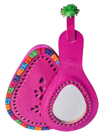 Leather Craft Punch Work Pure Leather Drop Shape Pure Leather Art Vanity Mirror  - 17 cms Length    -  SKU : 0002-PKMC