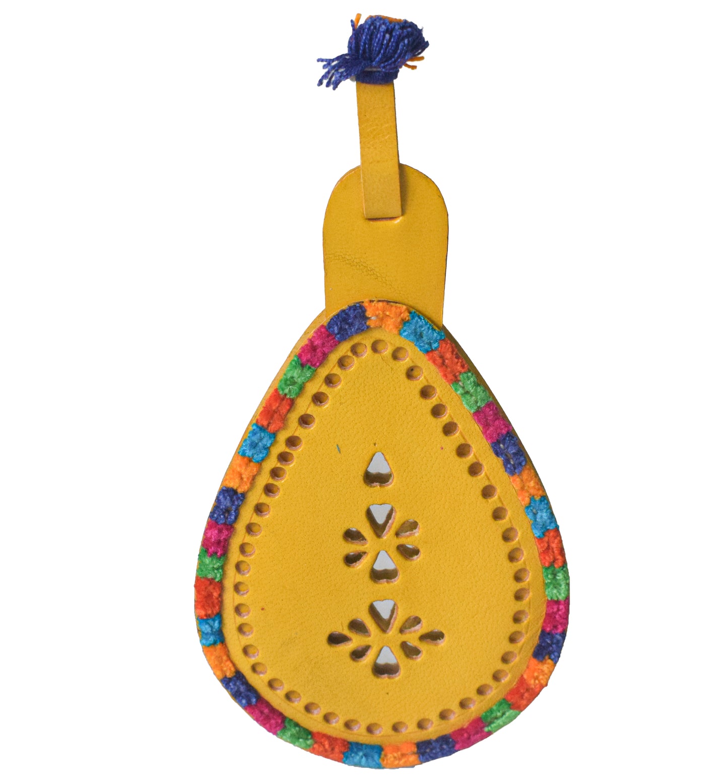 Leather Craft Punch Work Pure Leather Drop Shape Pure Leather Art Vanity Mirror  - 17 cms Length    -  SKU : 0002-YEMC