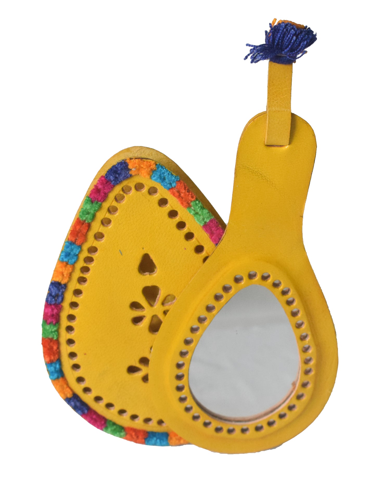 Leather Craft Punch Work Pure Leather Drop Shape Pure Leather Art Vanity Mirror  - 17 cms Length    -  SKU : 0002-YEMC