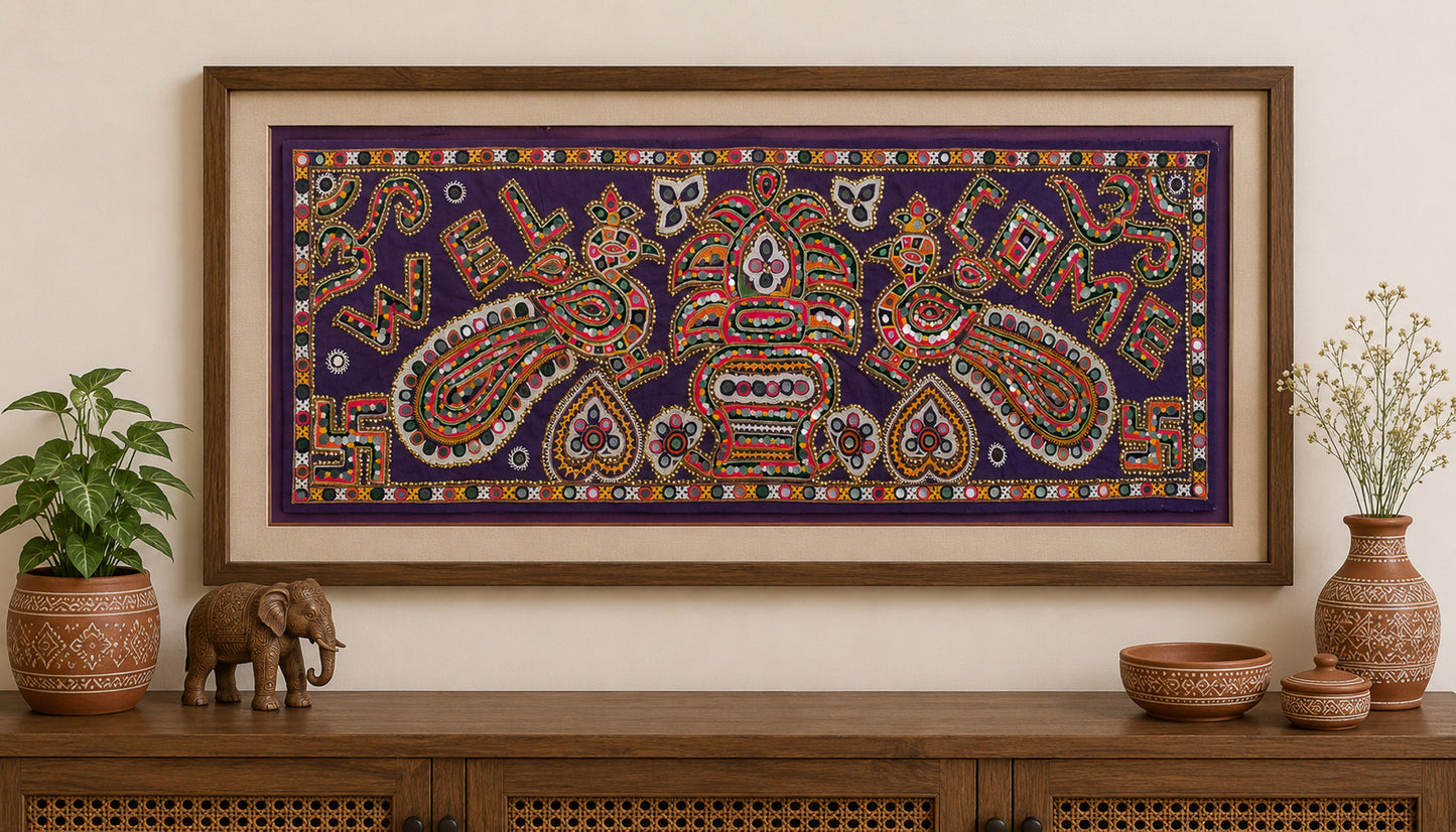 Ahir Work Cotton Antique Thread and Mirror Work Wall Decoration    -  SKU: AB14904A