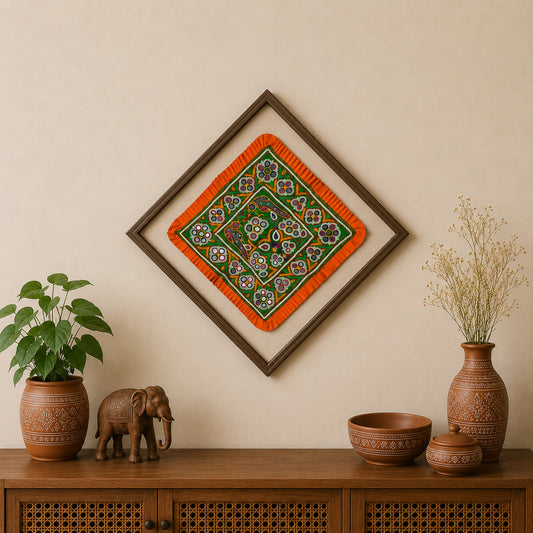 Ahir Work Cotton Fine Mirror and Threadwork Embroidery Wall Decoration    -  SKU: MD19404A