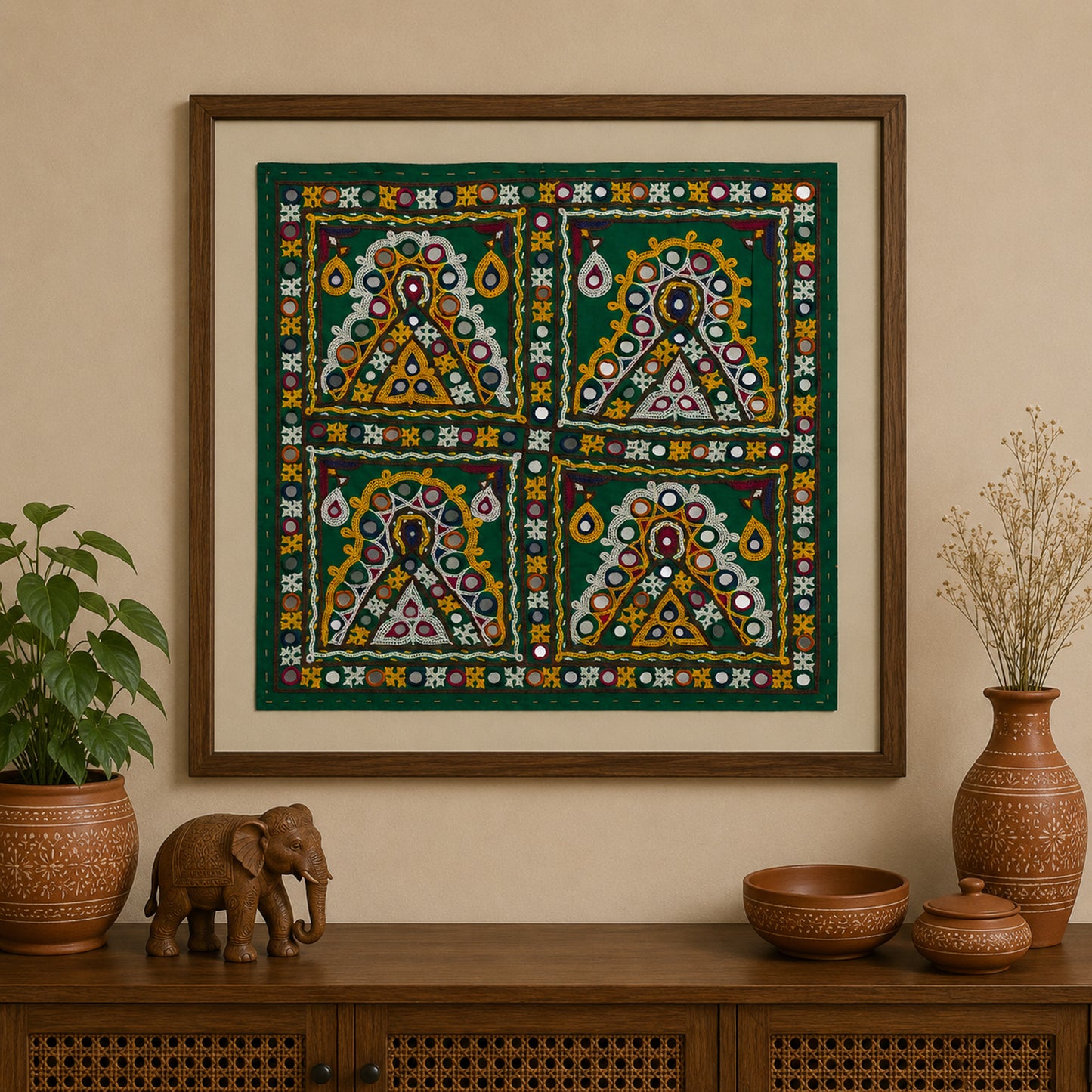 Ahir Work Cotton Fine Mirror and Threadwork Embroidery Wall Decoration    -  SKU: MD21404B