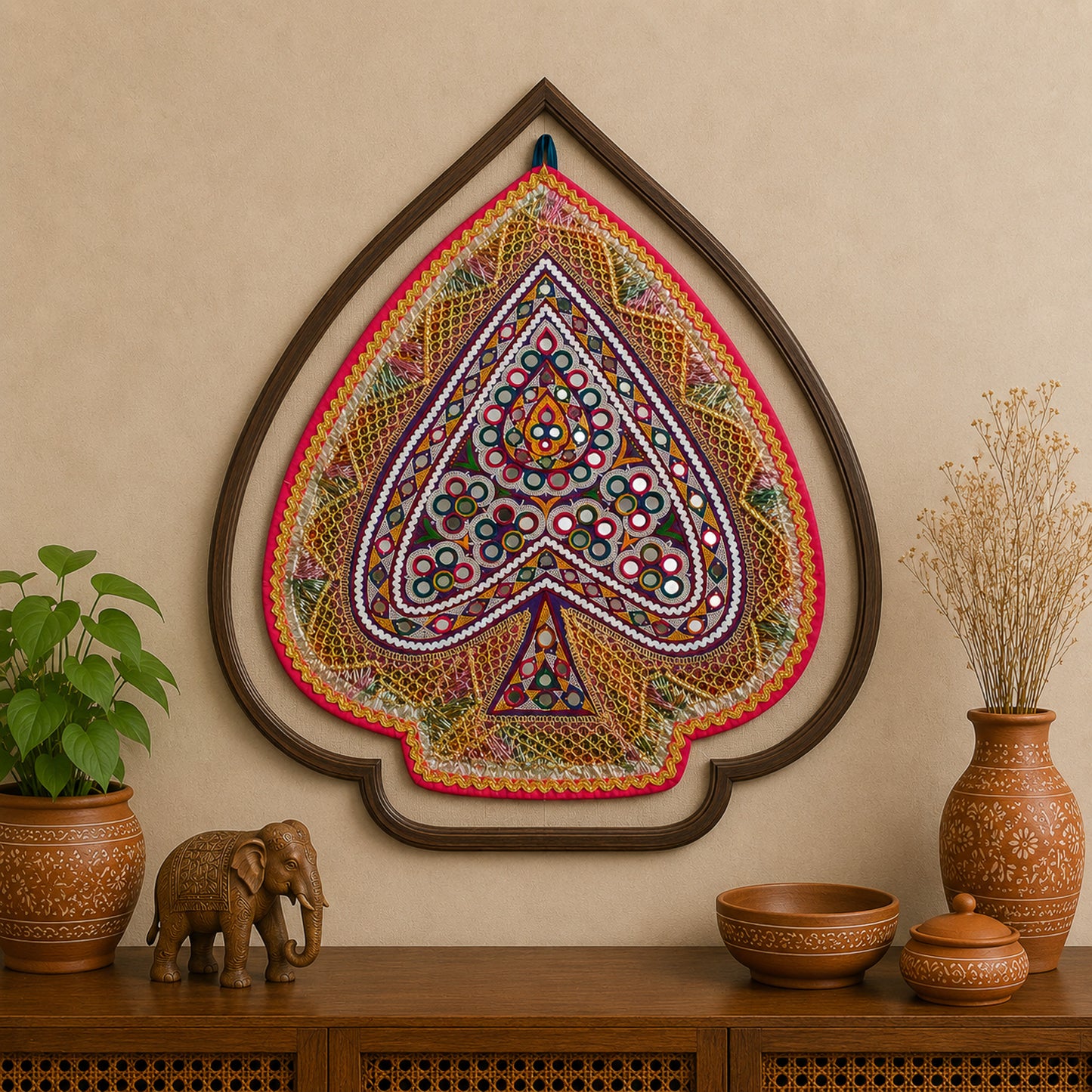 Ahir Work Cotton Fine Mirror and Threadwork Embroidery Wall Decoration    -  SKU: MD21405A