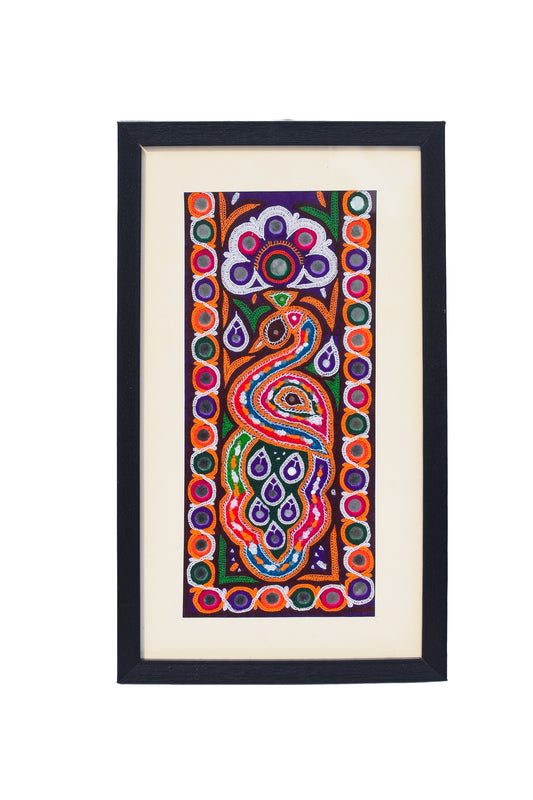 Ahir Work Cotton Hand Embroidered Mirror Work Wall Decoration With Frame - 35 cms Length    -  SKU : EK25201A