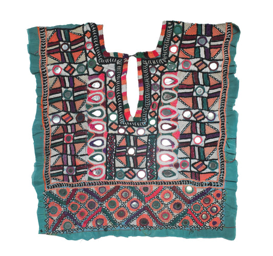 Afghan Work Cotton Hand Embroidered Mirror Work Yoke Fabric Applique Patch For Kurta - 44 cms Length    -  SKU : EK03C01A