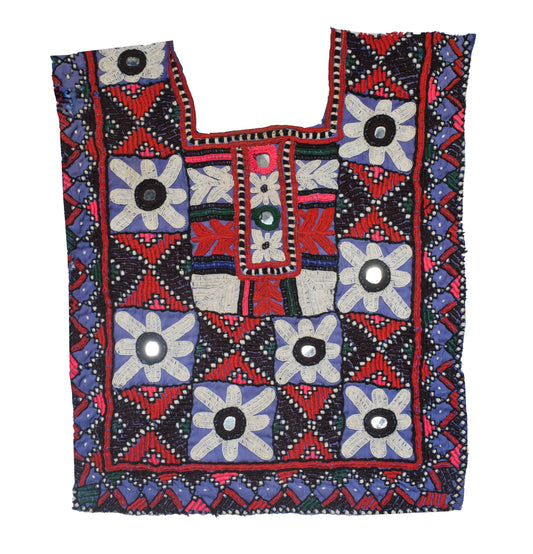 Afghan Work Cotton Hand Embroidered Mirror Work Yoke Fabric Applique Patch For Kurta - 44 cms Length    -  SKU : EK03C01D