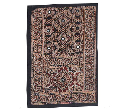 Ajrakh Cotton Natural Dye Small Mirror Work Hand Block Print Yoke Fabric Applique Patch For Kurta - 37 cms Length    -  SKU : ID18803I