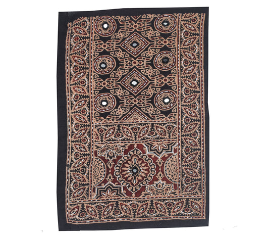 Ajrakh Cotton Natural Dye Small Mirror Work Hand Block Print Yoke Fabric Applique Patch For Kurta - 37 cms Length    -  SKU : ID18803I
