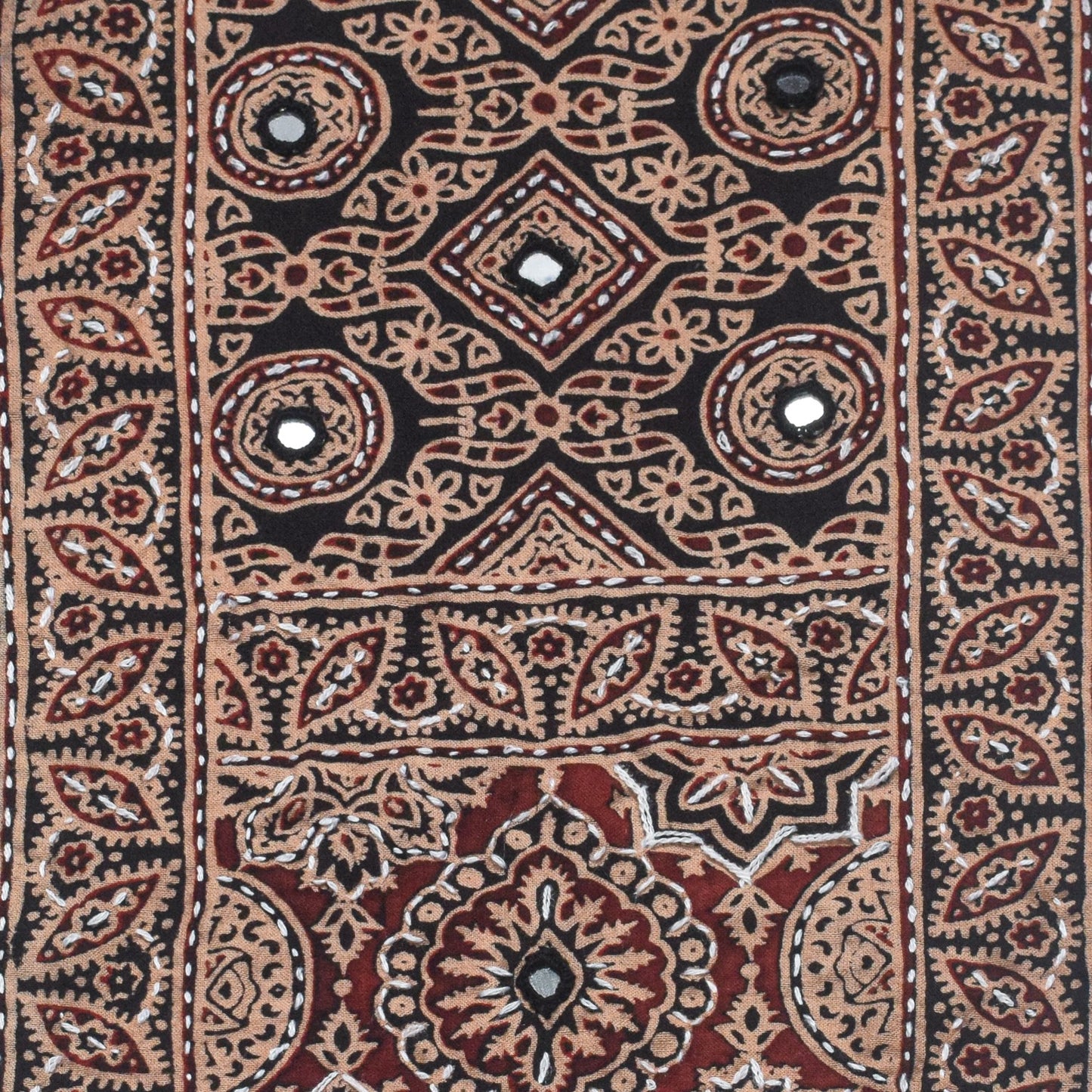 Ajrakh Cotton Natural Dye Small Mirror Work Hand Block Print Yoke Fabric Applique Patch For Kurta - 37 cms Length    -  SKU : ID18803I