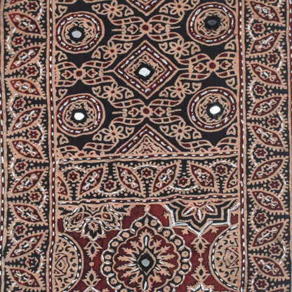 Ajrakh Cotton Natural Dye Small Mirror Work Hand Block Print Yoke Fabric Applique Patch For Kurta - 37 cms Length    -  SKU : ID18803I