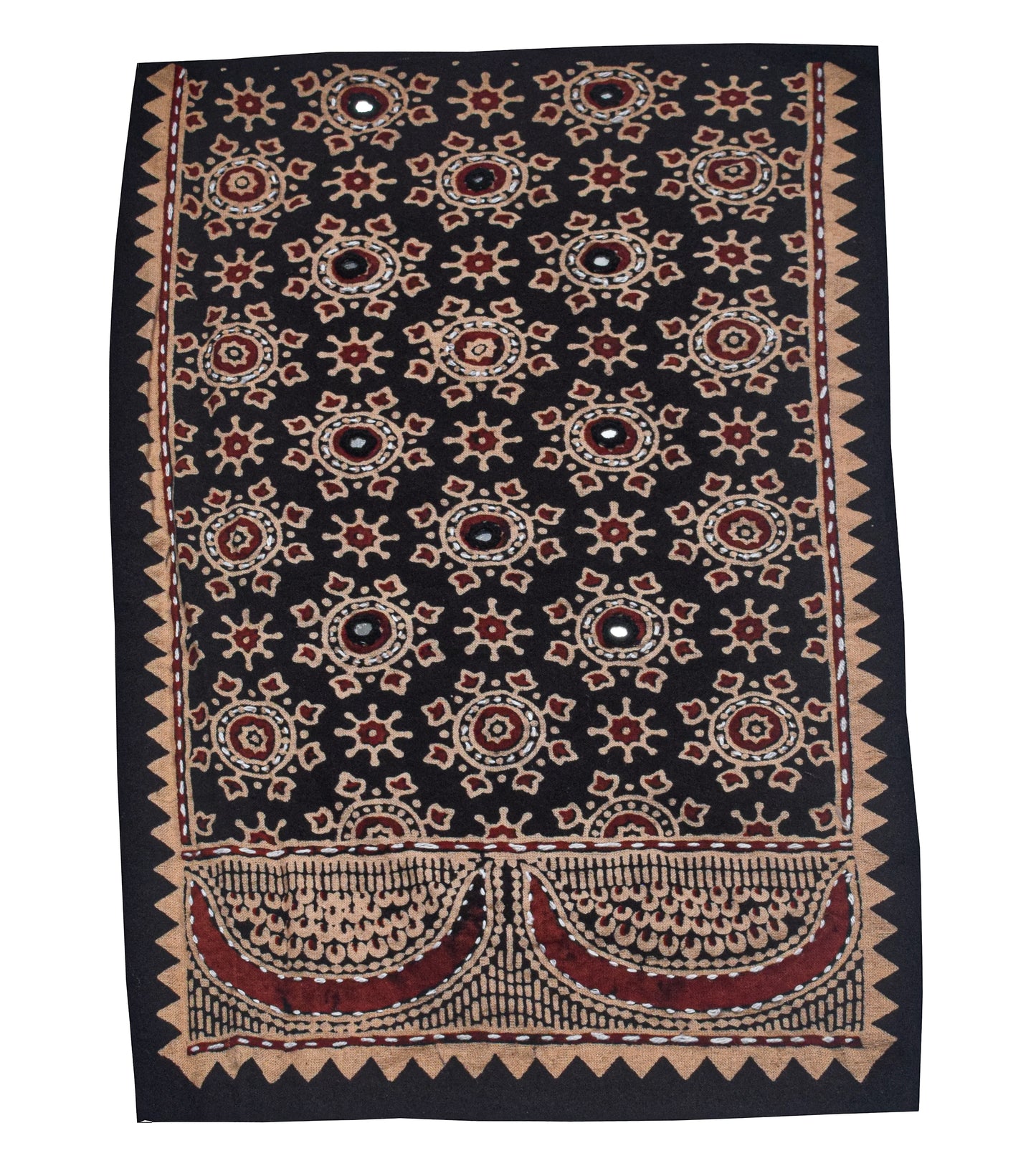 Ajrakh Cotton Natural Dye Small Mirror Work Hand Block Print Yoke Fabric Applique Patch For Kurta - 37 cms Length    -  SKU : ID18803N