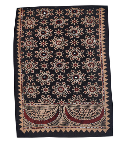 Ajrakh Cotton Natural Dye Small Mirror Work Hand Block Print Yoke Fabric Applique Patch For Kurta - 37 cms Length    -  SKU : ID18803N