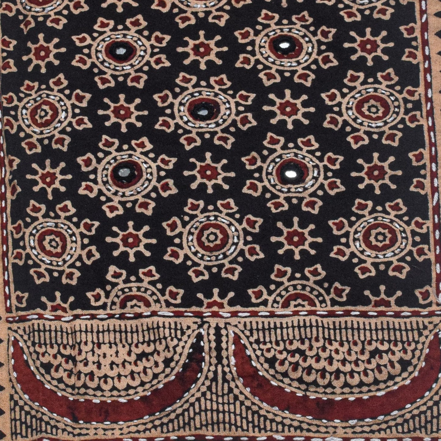 Ajrakh Cotton Natural Dye Small Mirror Work Hand Block Print Yoke Fabric Applique Patch For Kurta - 37 cms Length    -  SKU : ID18803N